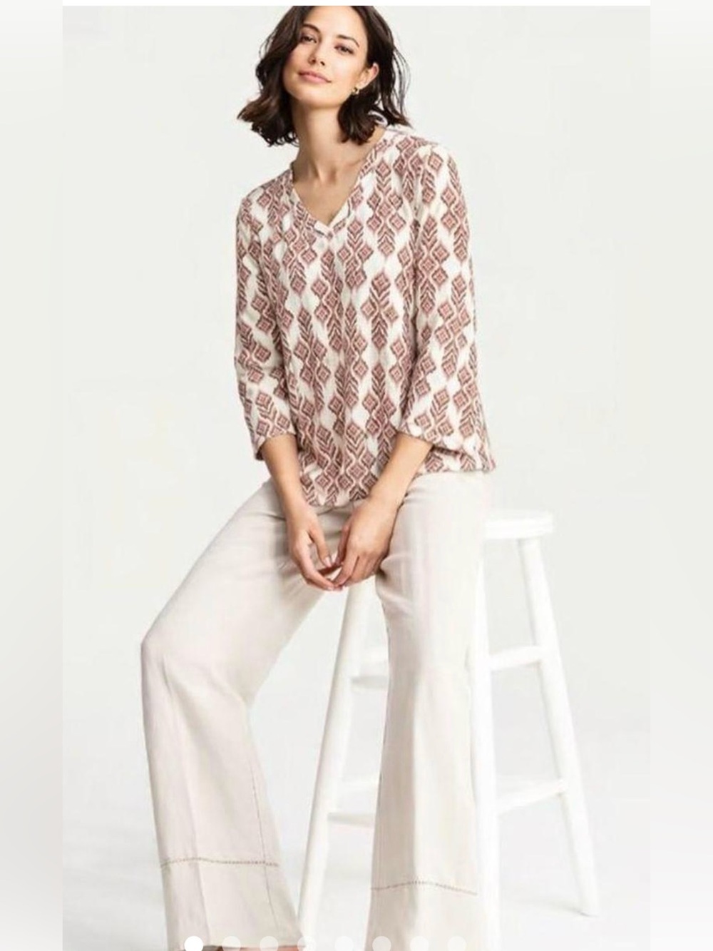J. JILL PUREJILL Ikat Geometric Print 3/4 Sleeve 100% Cotton Top Large Petite